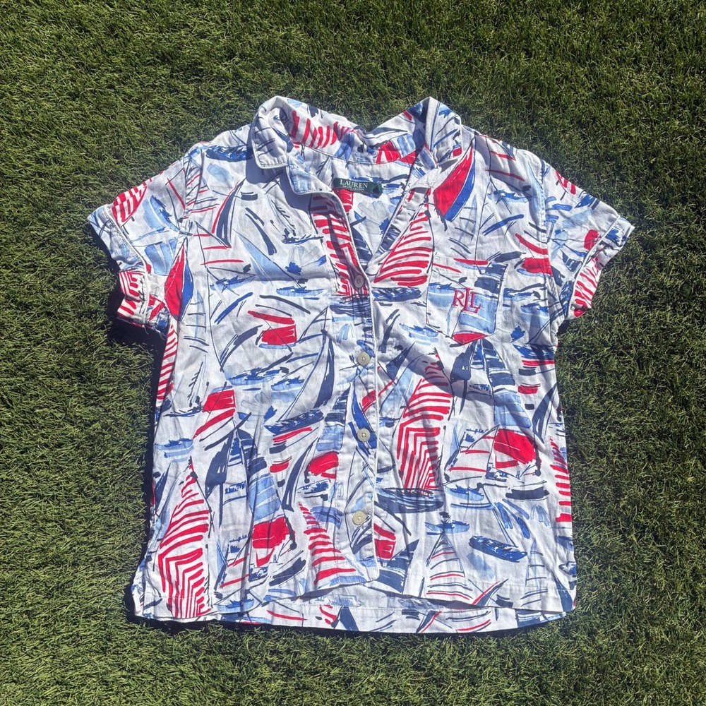 Lauren Ralph Lauren Womens Large Sailboat Print Cotton Shirt Red White Blue LRL
